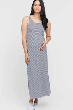 Bamboo Maxi Maternity Dress - Thin Stripe