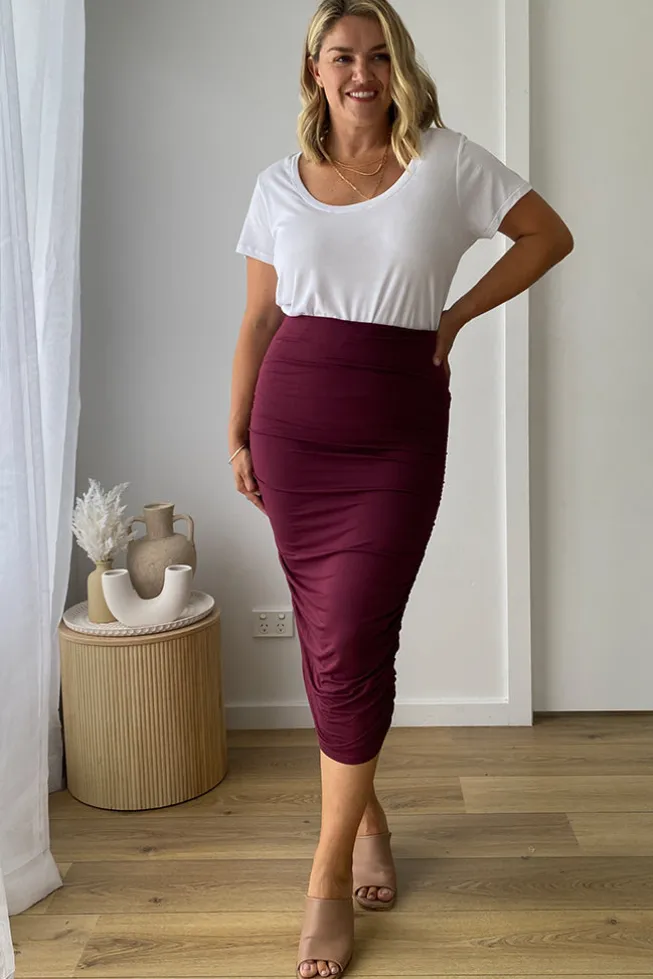 Long Ruched Bamboo Skirt - Burgundy