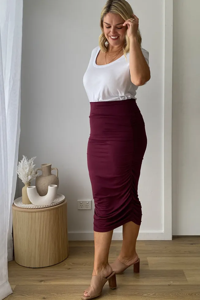 Long Ruched Bamboo Skirt - Burgundy