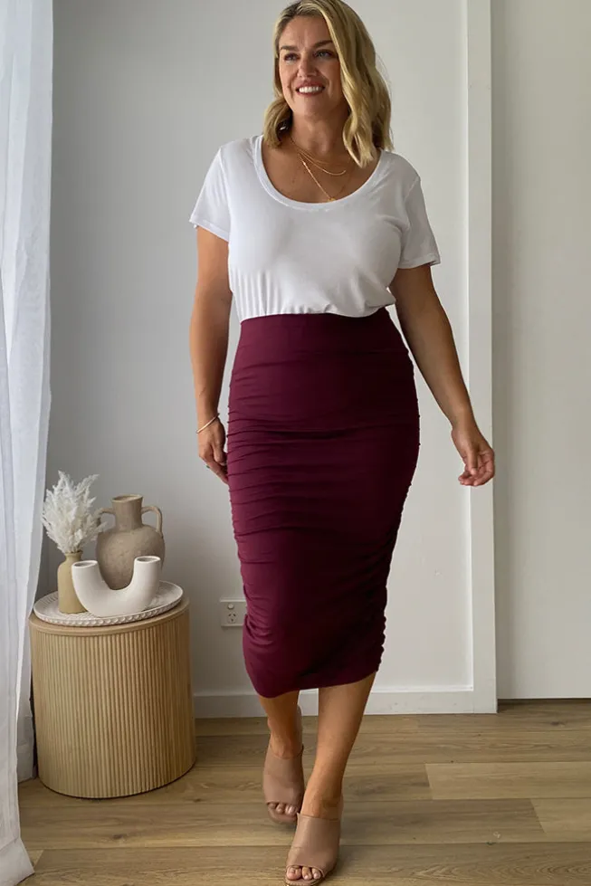 Long Ruched Bamboo Skirt - Burgundy