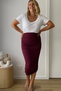 Long Ruched Bamboo Skirt - Burgundy
