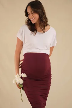 Long Ruched Maternity Skirt - Burgundy