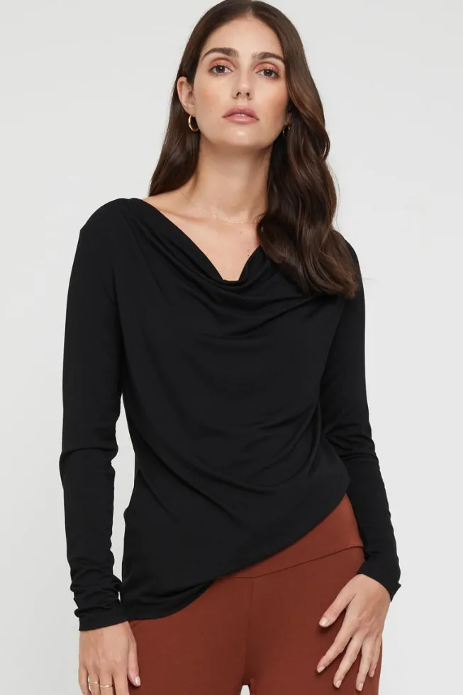 Long Sleeve Cowl Neck Top - Black