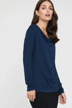 Long Sleeve Cowl Neck Top - Navy