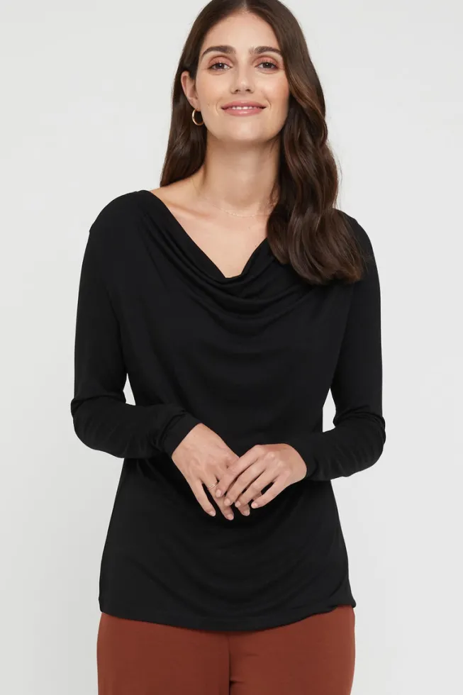 Long Sleeve Cowl Neck Top - Black