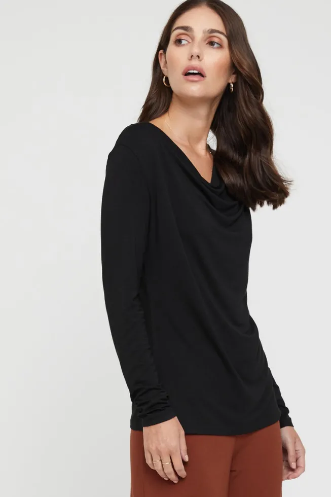 Long Sleeve Cowl Neck Top - Black