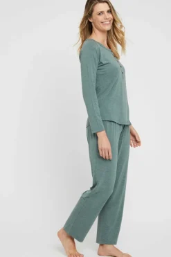 Long Sleeve Henley Top - Moss Green