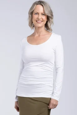 Long Sleeve Ruched Bamboo Tee - White