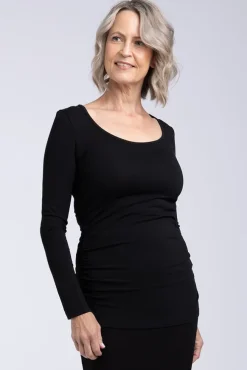 Long Sleeve Ruched Bamboo Tee - Black
