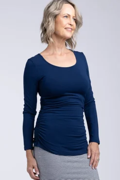 Long Sleeve Ruched Bamboo Tee - Navy