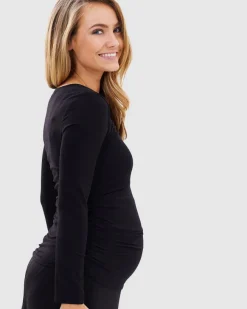 Long Sleeve Ruched Maternity Tee - Black
