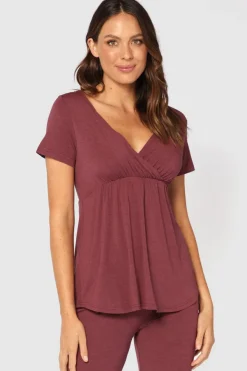 Short Sleeve Cross Front PJ Top - Burgundy