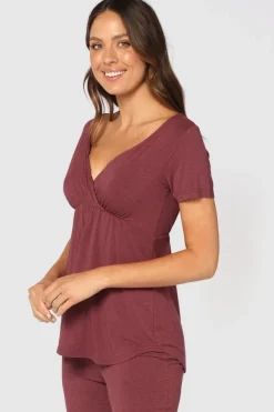 Short Sleeve Cross Front PJ Top - Burgundy