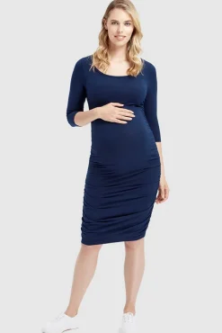 3/4 Sleeve Maternity Ruched Dress - Navy