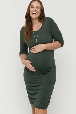 3/4 Sleeve Maternity Ruched Dress - Forest