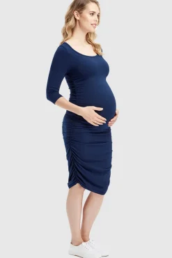 3/4 Sleeve Maternity Ruched Dress - Navy